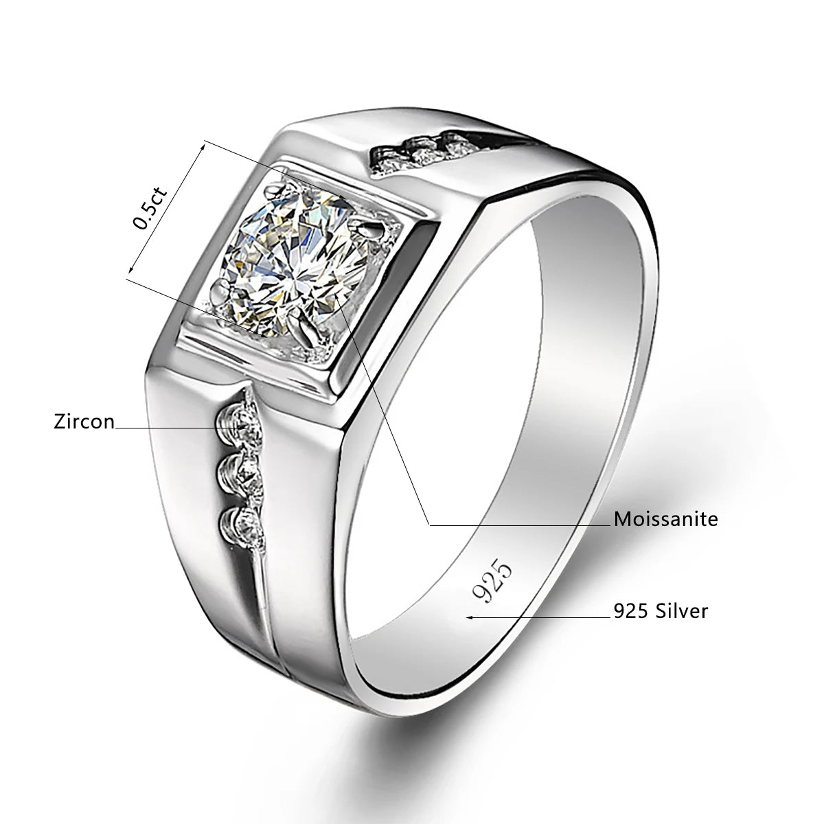 2 Carat Moissanite Ring for Men Silver