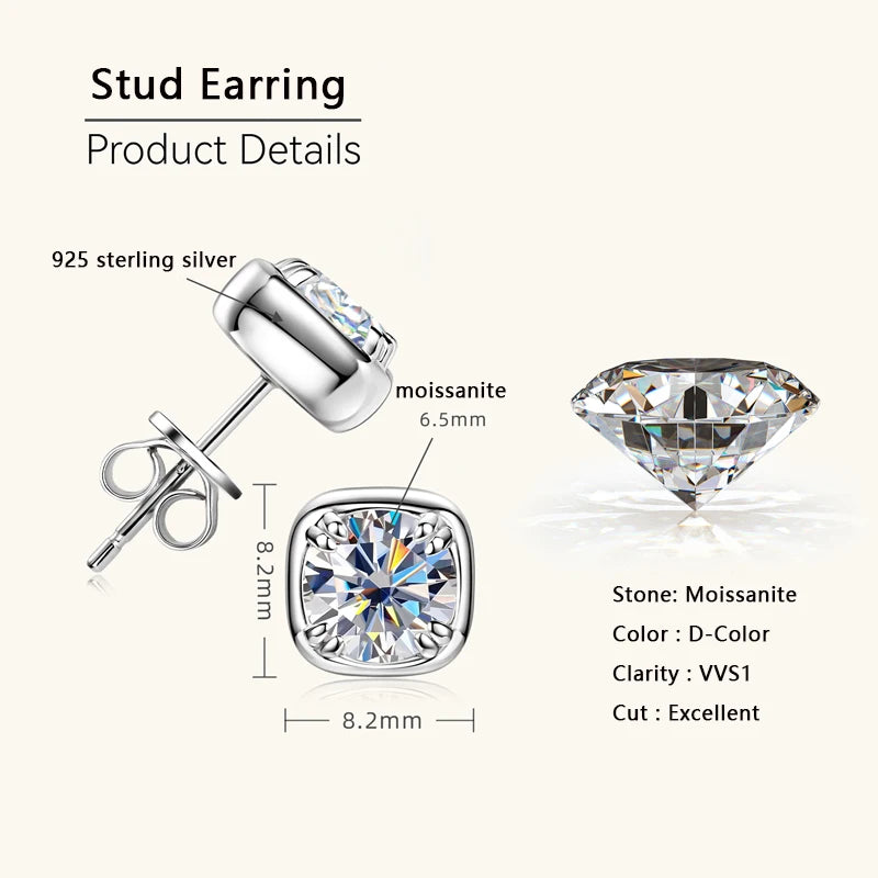 Moissanite Earrings Square Shape Silver