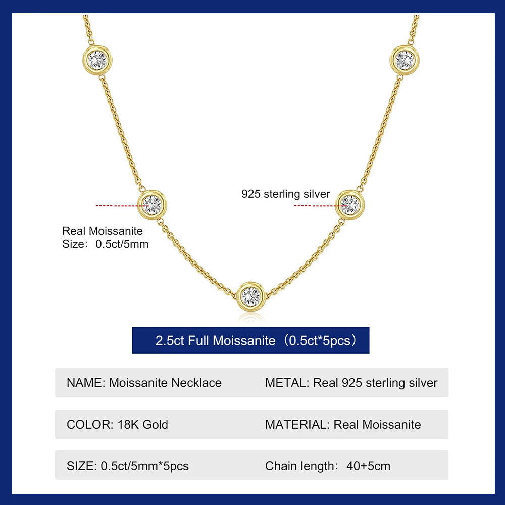 5 Stones Moissanite Necklace Gold Plated